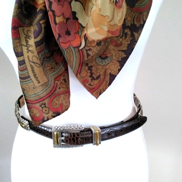 BRIGHTON BROWN LEATHER BELT WOMEN’S M CROC EMBOSSED SILVER/GOLD TONE FITTINGS - Picture 2 of 5